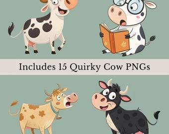 Quirky Cows Clipart Bundle, 15 Watercolor Farm Animals, Cow Sublimation, Cute Quirky Cows, Nursery Decor, Wall Art, Transparent PNGs