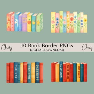 Book Borders PNG Clipart, 10 Watercolor Book Designs, Teacher Images, Library Wall Art, Printable, Bookshelf Clipart, Transparent PNGs