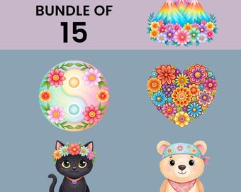Groovy Hippie Clipart Bundle, 15 Aquarell Hippie-Designs, Psychedelische Hippie Illustrationen, Boho Grafiken, Hippie Transparente PNGs