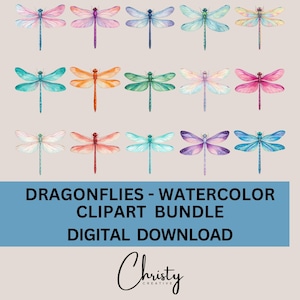 Dragonfly Sublimation Clipart Bundle, 15 Watercolor Damselflies Designs, Printable Wall Art, Scrapbooking, Junk Journal, Transparent PNGs