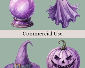 Paarse Halloween-sublimatie-png's, 15 aquarel gotische elementen, pompoen, kist, spook, zwarte kat, paarse clipart, transparante png-bestanden