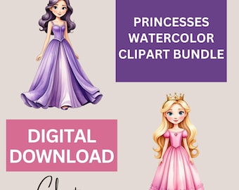 May include: Digital download of two watercolor princess illustrations. One princess wears a purple dress and the other wears a pink dress. Both princesses have blonde hair and wear crowns.