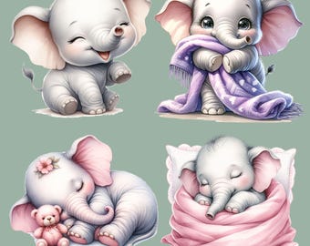 Elephant Clipart Bundle, 12 Watercolor Elephants, Elephant Clipart, Purple Sublimation, Nursery Art, Junk Journal Clip Art, Transparent PNGs