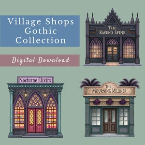 Bundle de boutiques de village gothique, 15 bâtiments de sorcière aquarelle, clipart Sublimation de sorcière, graphiques de bâtiment gothique, PNG transparents
