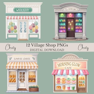 Village Shops Clipart Bundle, 12 Watercolor Buildings, Crafty Sublimation, Pastel Building Illustrations, Shop Border, Transparent PNGs
