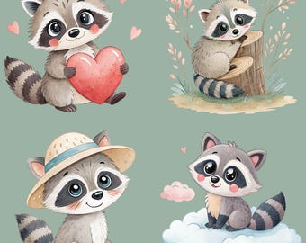 Raccoon Sublimation Bundle, 12 Watercolor Woodland Raccoon Designs, Raccoon Clip Art, Nursery Wall Art, Cute Animals, Transparent PNGs