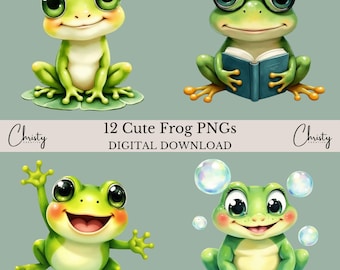 Frog Clipart Bundle, 12 Watercolor Funny Frog Illustrations, Frog Lover Designs, Quirky Cute Frogs, Clipart for Kids, Transparent PNGs