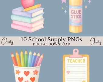 Pacote de Clipart Escolar em Aquarela, Imagens PNG para Professores e Sala de Aula (Download Digital)