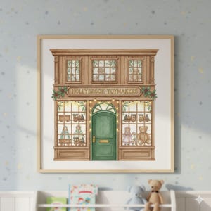 May include: A framed print of a toy shop with the text "HOLLYBROOK TOYMAKERS" above the entrance. The shop has a green door and windows displaying various toys, including teddy bears and trains. The shop is decorated with lights and greenery.