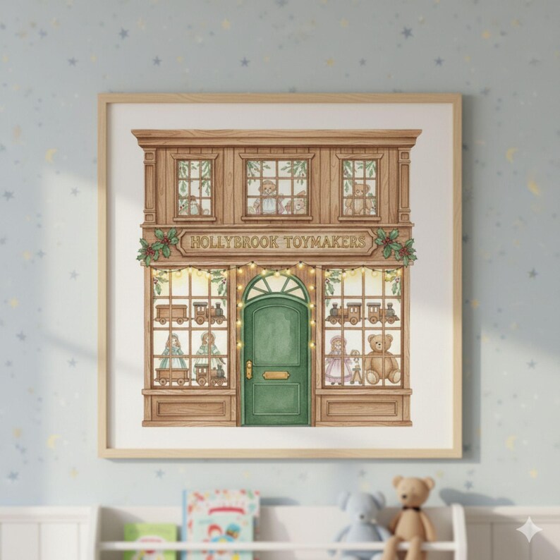 May include: A framed print of a toy shop with the text "HOLLYBROOK TOYMAKERS" above the entrance. The shop has a green door and windows displaying various toys, including teddy bears and trains. The shop is decorated with lights and greenery.