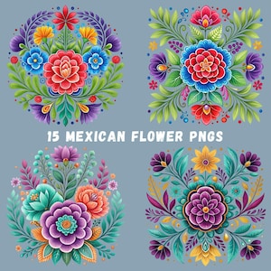 Mexican Flowers PNG Bundle, 15 Hispanic Flower Designs, Mexican Floral Sublimation, Shirt Designs, Fiesta Party Clipart, Transparent PNGs