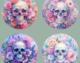 Skull Sublimation Bundle, 12 Watercolor Skulls, Flower Skull Clipart, Gothic Clip Art, Skull PNG Designs, Sticker Designs, Transparent PNGs