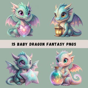 Baby Dragons Clipart Bundle, 15 Watercolor Dragons, Dragon Sublimation, Fantasy Designs, Kids Clip Art, Commercial Use, Transparent PNGs
