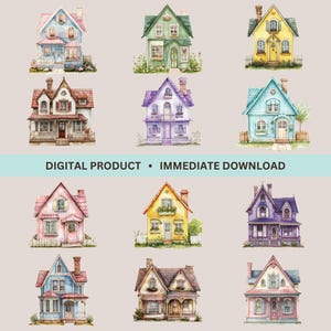 Watercolor Houses, 12 Home Designs, House Graphics, Watercolor Homes, Cottage Clip Art, Pastel House Clipart, Transparent Background