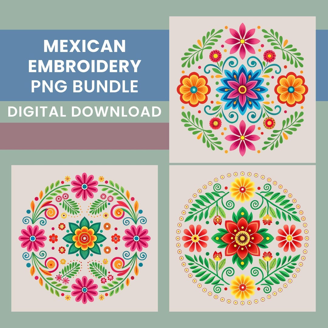 Mexican Embroidery PNG Bundle, 15 Hispanic Flower Designs, Mexican ...