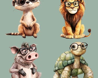 Safari Tiere Clipart Bundle, 12 Aquarell Tiere, Nilpferd, Löwe, Elefant, Kinderzimmer Dekor, süße Tiere mit Brille, transparente PNGs
