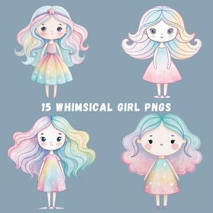 Grillige meisjes clipartbundel, 15 aquarel meisje illustraties, kleine meisje sublimatie, schattig meisje png&#39;s, pastel meisjes, transparante png&#39;s