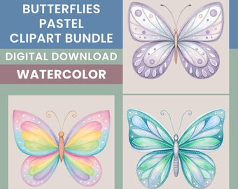 Butterflies Clipart Bundle, 15 Pastel Watercolor Butterflies, T-shirt Designs, Nursery Decor, Scrapbook, Junk Journal Art, Transparent PNGs