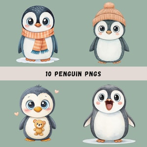 Cute Penguin Clipart PNGs, 10 Watercolor Cartoon Penguins, Kids&#39; Clip Art, Cute Penguin Images, Penguin Sublimation, Transparent PNGs