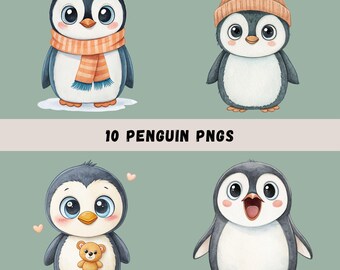 Cute Penguin Clipart PNGs, 10 Watercolor Cartoon Penguins, Kids' Clip Art, Cute Penguin Images, Penguin Sublimation, Transparent PNGs