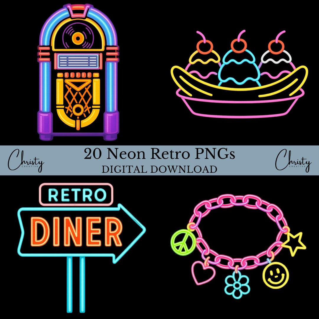 Neon Retro Clipart Pngs, 20 Cool Neon Elements, Card Making, Crafting ...