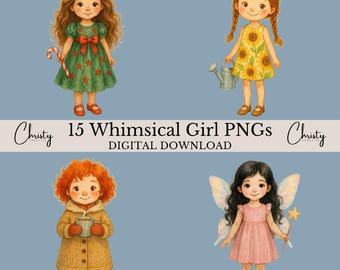 Whimsical Girl Clipart PNGs, 15 Watercolor Girls, Girls Room Decor, Funny Little Girls, Quirky, Card Making, Crafting Art, Transparent PNGs