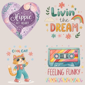 Groovy Clipart Bundle, 12 Groovy Quote Designs, Retro, Hippie 70s, Flower Power, Peace Sign, Groovy Retro Graphics, Transparent PNGs