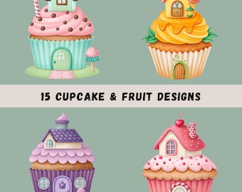 Cupcakes Clipart Bundle, 15 wunderliche Cupcakes in Aquarell, Pastell-Designs, fruchtige Cupcakes-Kunst, Bäckerei-Sublimation, transparente PNGs