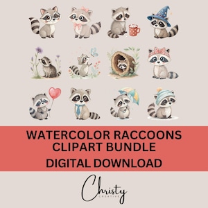 Watercolor Raccoon Clipart Bundle, 12 Woodland Raccoon Designs, Raccoon Clip Art, Nursery Wall Art, Cute Raccoon Graphics, Transparent PNGs