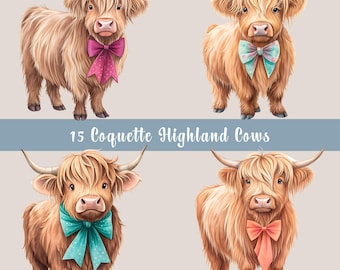 Highland Cows PNG Bundle, 15 Coquette Cows, Animal Sublimation, Watercolor Cow Illustrations, Wall Art Designs, Transparent PNGs