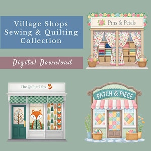 Bundle de cliparts boutiques du village, 15 bâtiments aquarelles, sublimation artisanale, illustrations de courtepointe couture, bordure de boutique, PNG transparents