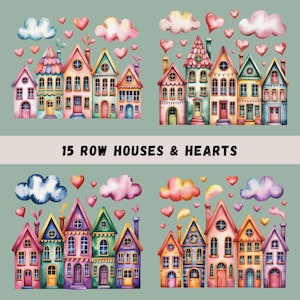 Quirky House Clipart Bundle, 15 Row Houses & Hearts, Cute House Sublimation, Junk Journal, Printable Art, Nursery Decor, Transparent PNGs