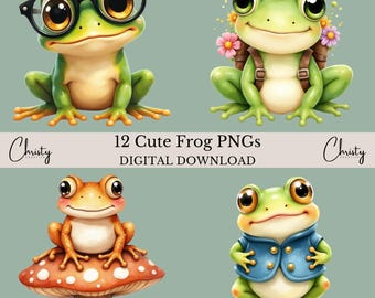 Frog Clipart Bundle, 12 Watercolor Funny Frog Illustrations, Frog Lover Designs, Quirky Cute Frogs, Clipart for Kids, Transparent PNGs