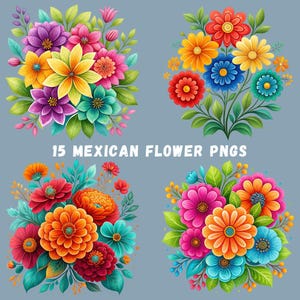 Mexican Flowers PNG Bundle, 15 Hispanic Flower Designs, Mexican Floral Sublimation, Shirt Designs, Fiesta Party Clipart, Transparent PNGs