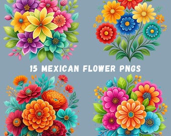 Mexican Flowers PNG Bundle, 15 Hispanic Flower Designs, Mexican Floral Sublimation, Shirt Designs, Fiesta Party Clipart, Transparent PNGs