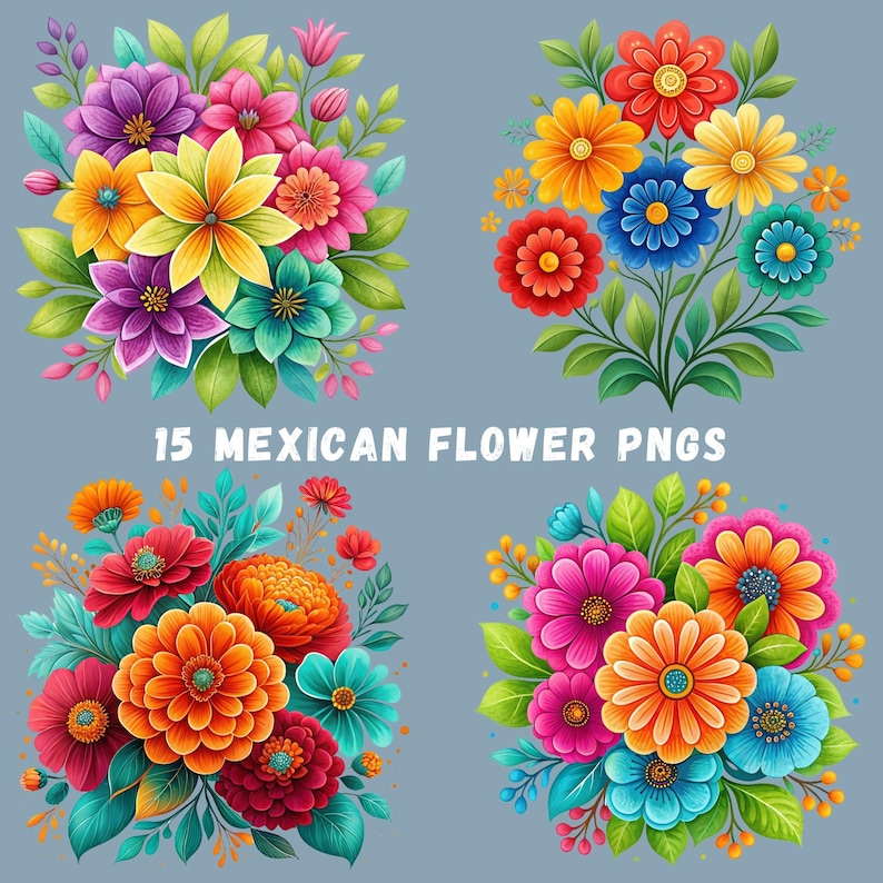 Mexican Flowers PNG Bundle, 15 Hispanic Flower Designs, Mexican Floral ...