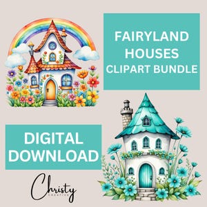 Fantasy House Clipart Bundle, 12 Watercolor Flower Home Designs, Watercolor Houses, Fairy Clip Art, Fairy Sublimation, Transparent PNGs