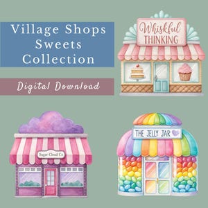 Village Shops clipart, 15 aquarel snoepwinkels, crafty sublimatie, aquarel lekkernijen, grillige winkelrand, transparante png