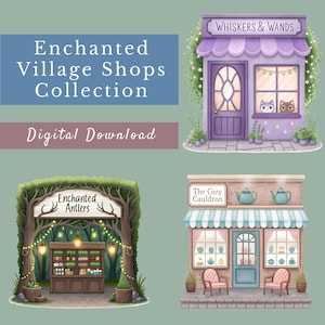 Dorfläden Clipart-Bundle, 15 Aquarell-Gebäude, Crafty Sublimation, verzauberte Gebäudeillustrationen, Laden-Grenze, transparente PNGs