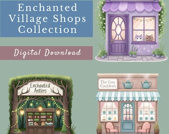 Village Shops Clipart Bundle, 15 Watercolor Buildings, Crafty Sublimation, Enchanted Building Illustrations, Shop Border, Transparent PNGs