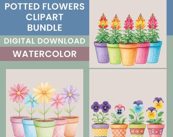 Watercolor Flower Clipart Bundle, 15 Colorful Potted Flowers, Plant Lover Images, Printable Wall Art, Scrapbook Graphics, Transparent PNGs