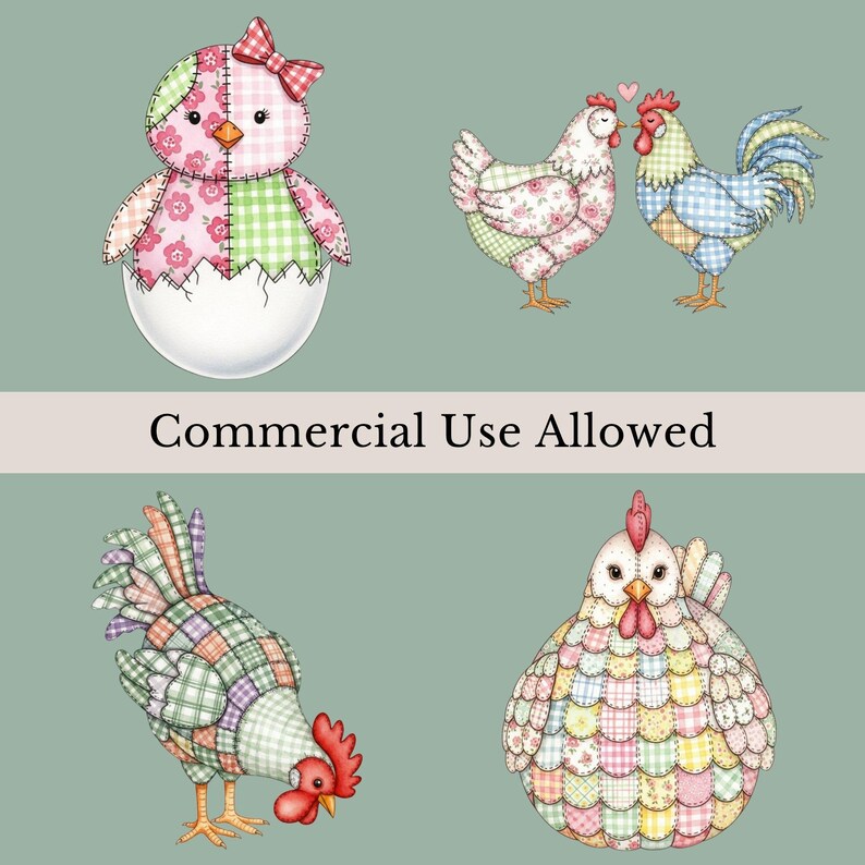 Patchwork Chickens Clipart Bundle, 12 Watercolor Chickens, Bird ...
