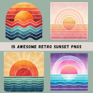 Retro Sunsets Clipart Bundle, 15 Watercolor Vintage Sunsets, Sunset Sublimation, Sunset Clip Art, Sunshine Designs, Grunge, Transparent PNGs