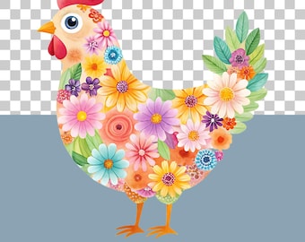 Floral Chicken Clipart Bundle, 15 Watercolor Chicken Designs, Flower Chicken Sublimation, Country Farmhouse Decor, Transparent PNGs