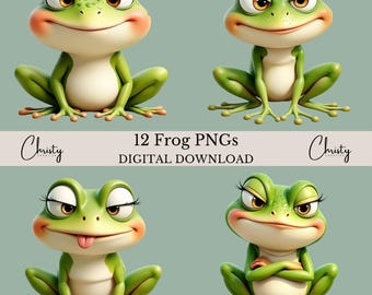 Groda Clipart-paket, 12 akvarellgrodgrafik, söta grodillustrationer, sublimering PNG, roliga groddesigner, transparent PNG