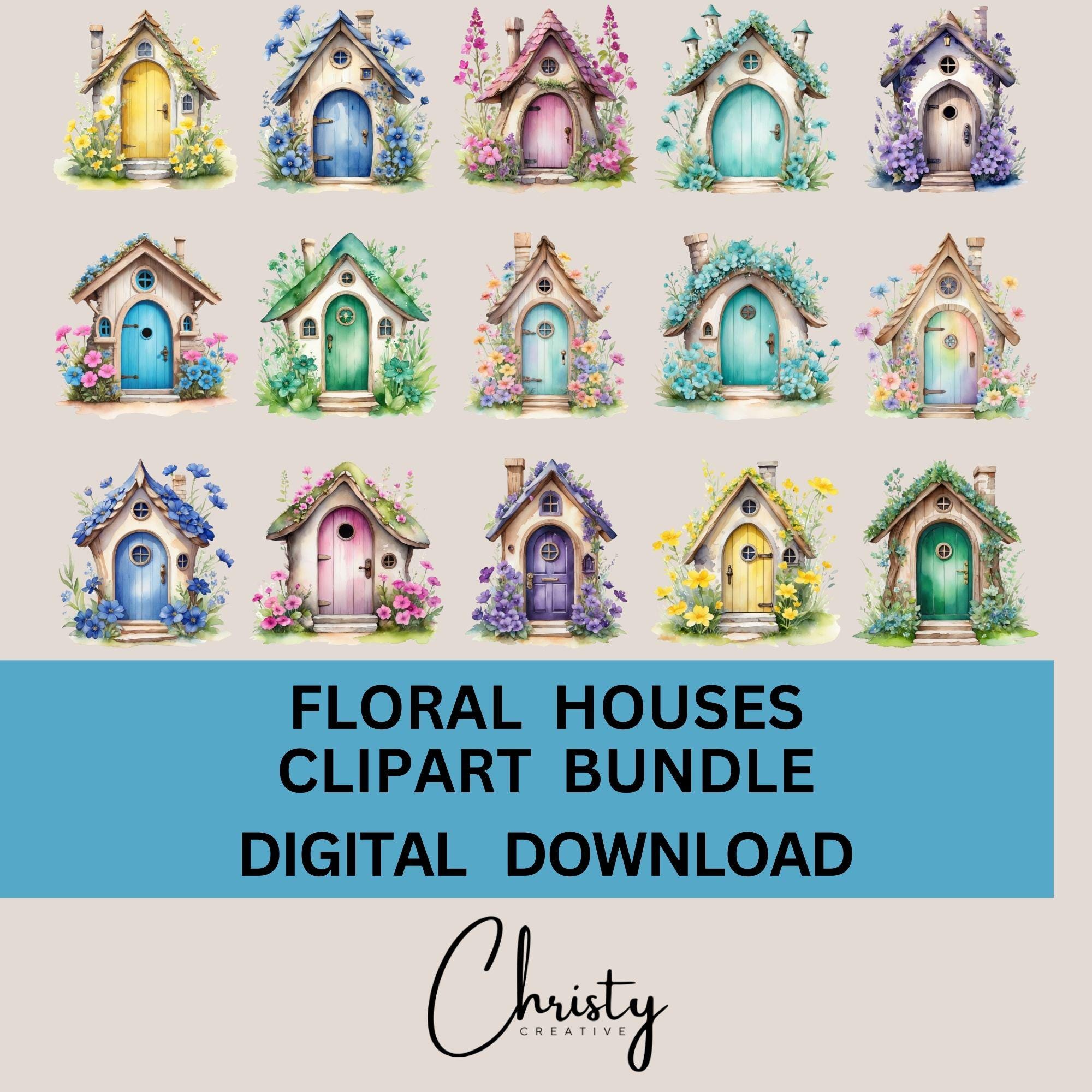 Watercolor Floral House Clipart Bundle, 15 Tiny House Designs, House ...