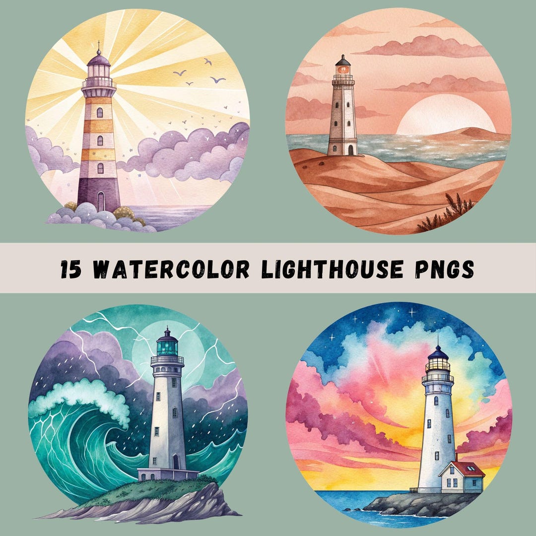 Lighthouse Clipart PNG Bundle, 15 Watercolor Lighthouses, Lighthouse ...
