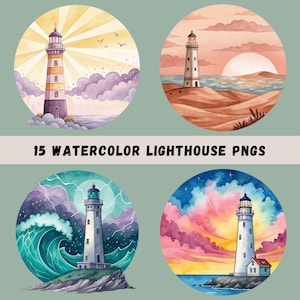 Lighthouse Clipart PNG Bundle, 15 Watercolor Lighthouses, Lighthouse Sublimation, Nautical Seaside Art Set, Commercial Use, Transparent PNGs