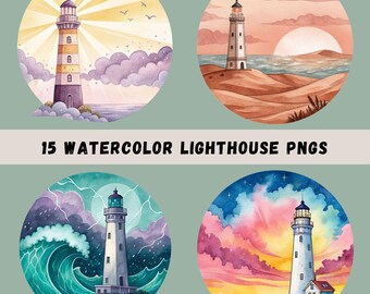 Lighthouse Clipart PNG Bundle, 15 Watercolor Lighthouses, Lighthouse Sublimation, Nautical Seaside Art Set, Commercial Use, Transparent PNGs