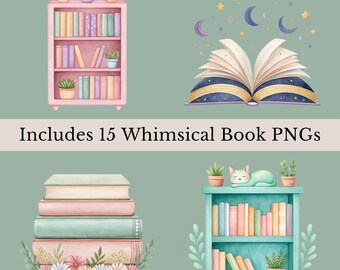 Bookish clipartbundel – 15 png-bestanden met aquarelboekthema – gezellig lezen en literaire afbeeldingen voor tijdschriften, sublimatie en kunst aan de muur